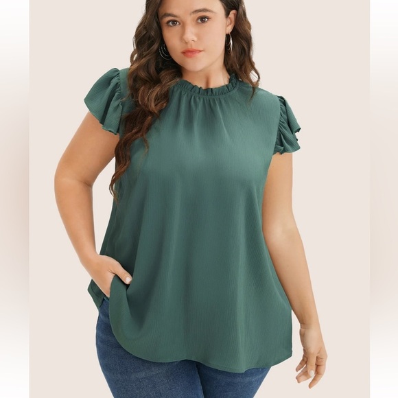 Bloomchic Plain Mock Neck Cap Sleeve Ruffle Trim Mint Blouse - Picture 2 of 7